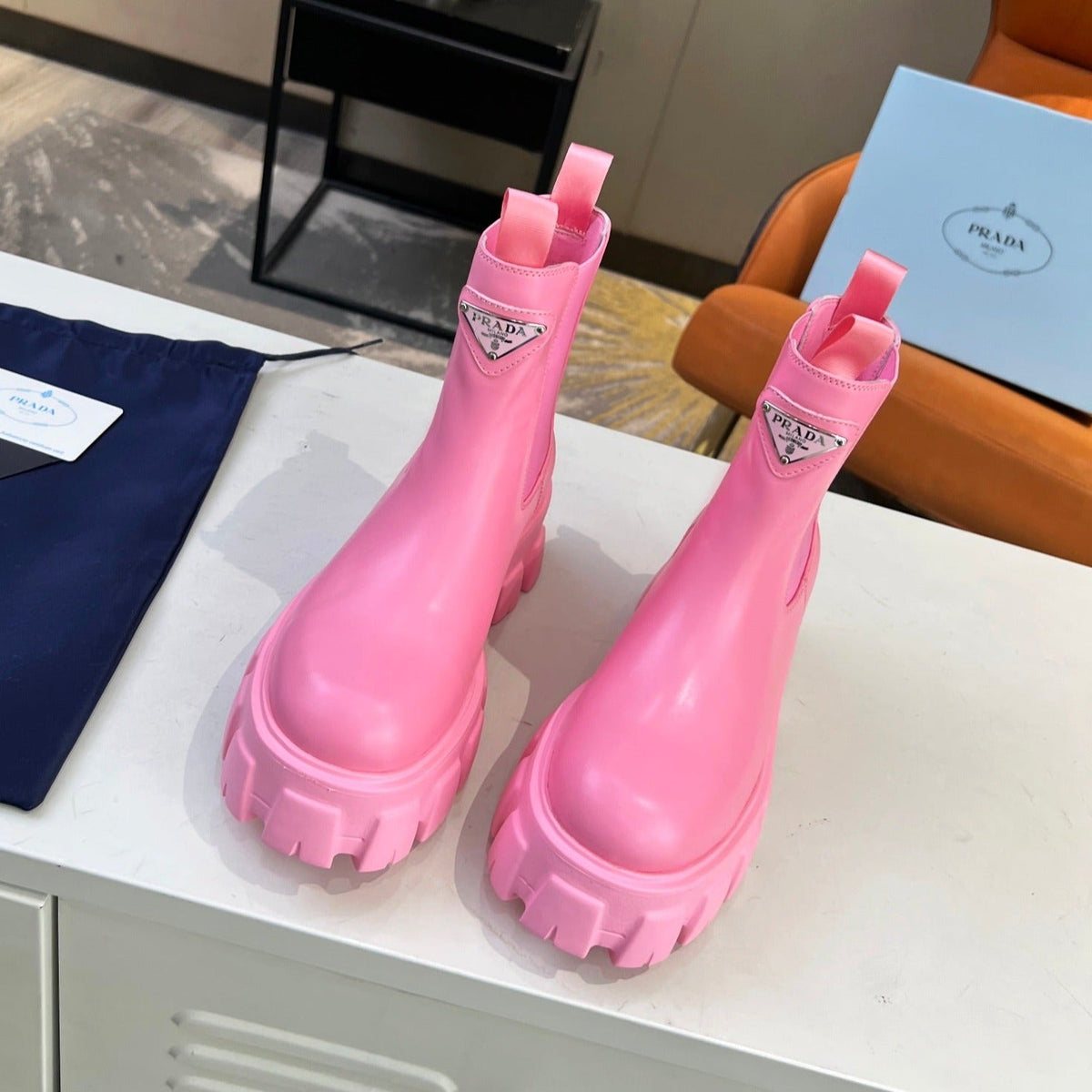 PRADA MONOLITH BRUSHED BOOTIES 55 BRIGHT PINK CALFSKIN