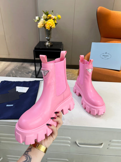 PRADA MONOLITH BRUSHED BOOTIES 55 BRIGHT PINK CALFSKIN