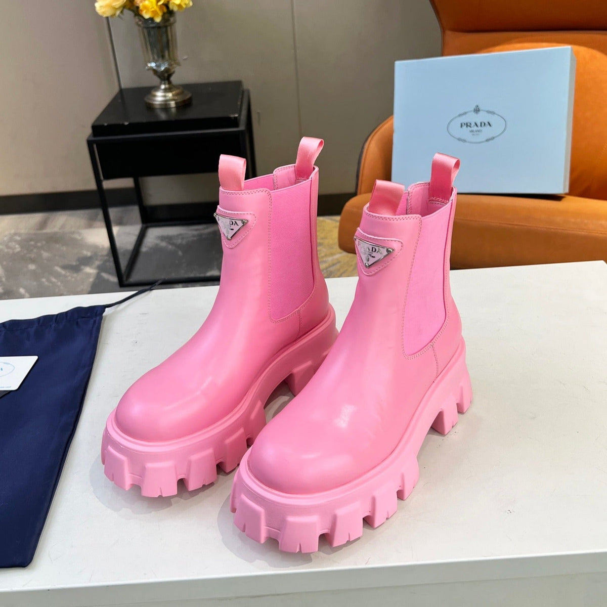 PRADA MONOLITH BRUSHED BOOTIES 55 BRIGHT PINK CALFSKIN