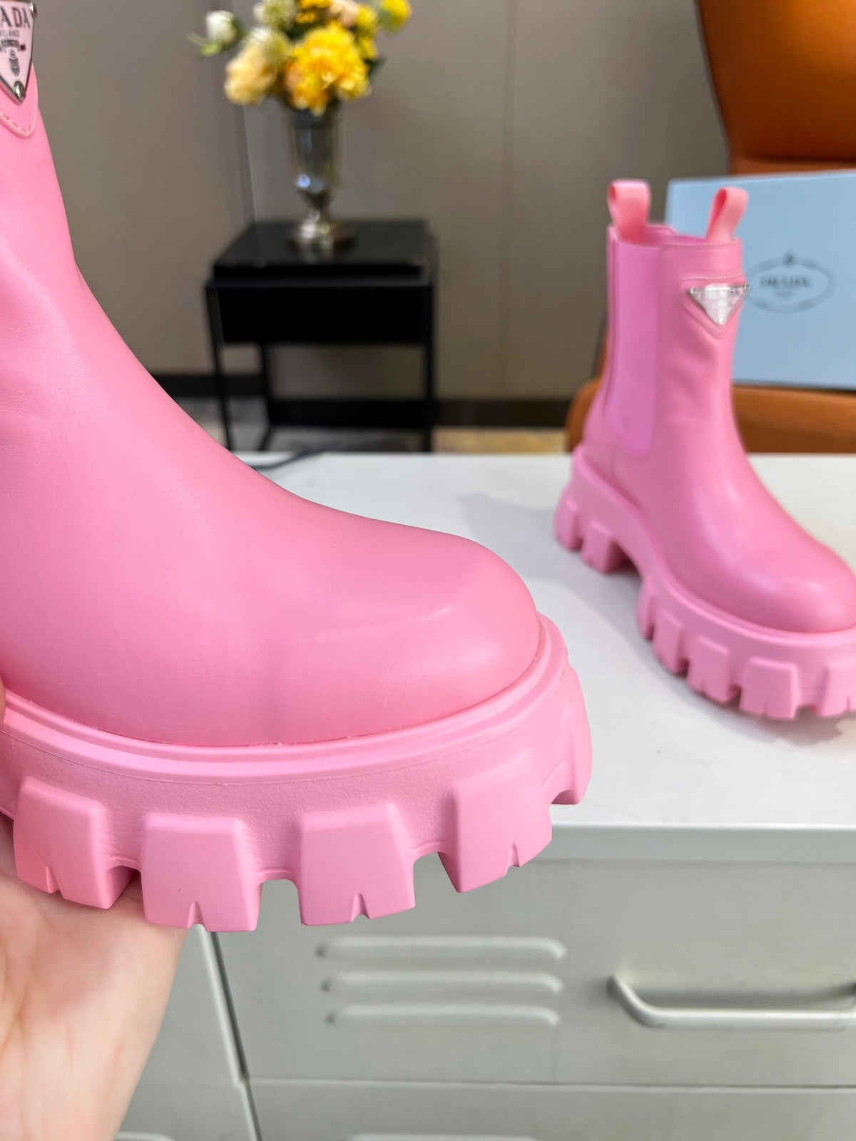 PRADA MONOLITH BRUSHED BOOTIES 55 BRIGHT PINK CALFSKIN