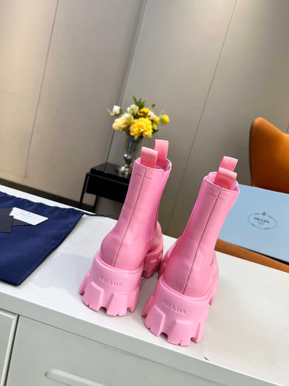 PRADA MONOLITH BRUSHED BOOTIES 55 BRIGHT PINK CALFSKIN