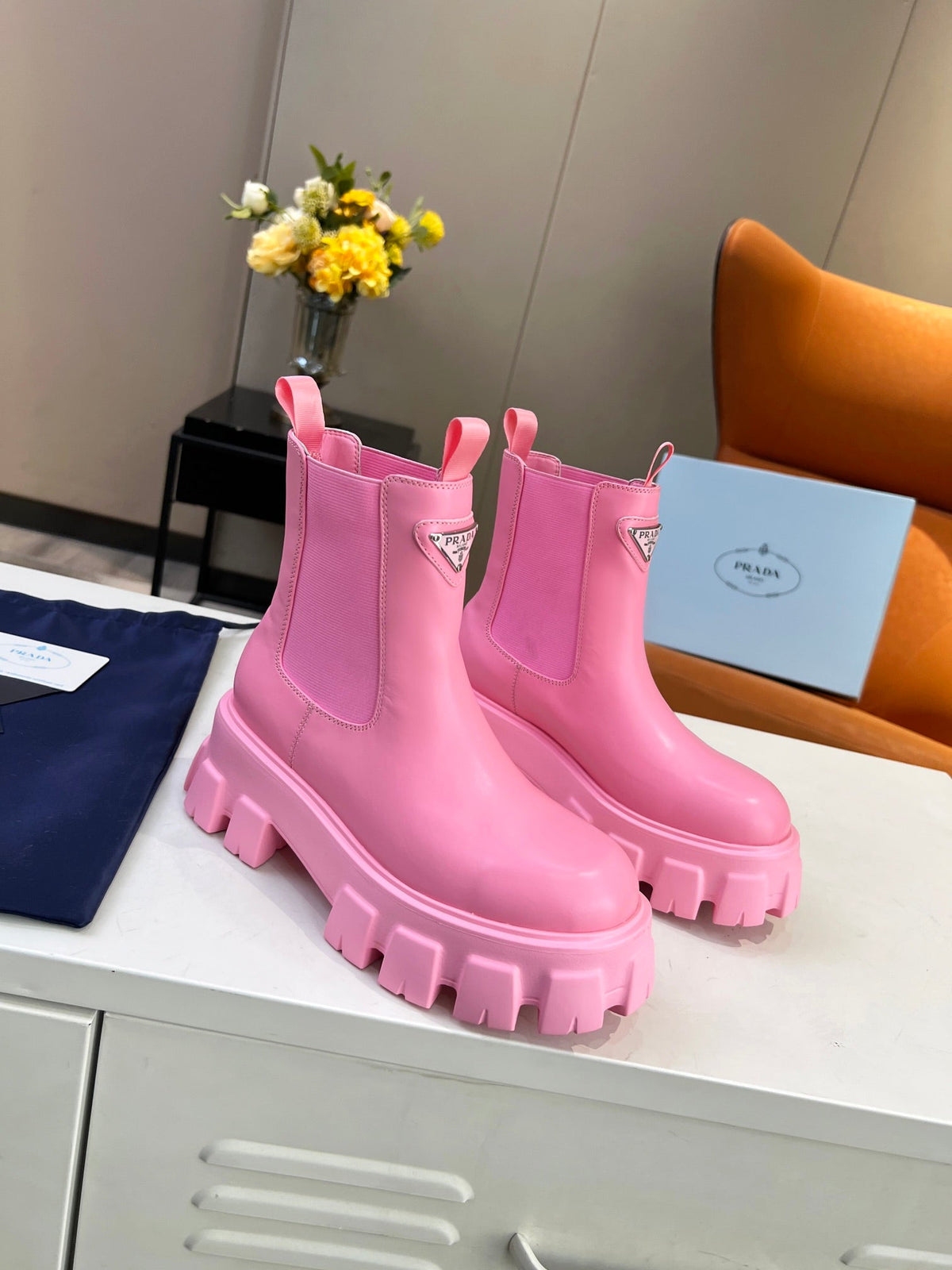 PRADA MONOLITH BRUSHED BOOTIES 55 BRIGHT PINK CALFSKIN