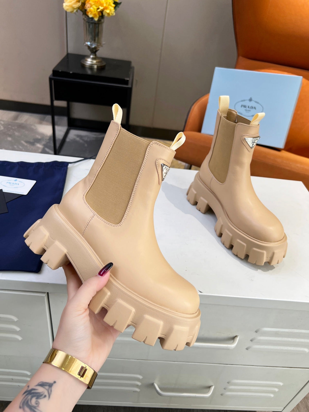 PRADA MONOLITH BRUSHED BOOTIES 55 TUSCAN CALFSKIN