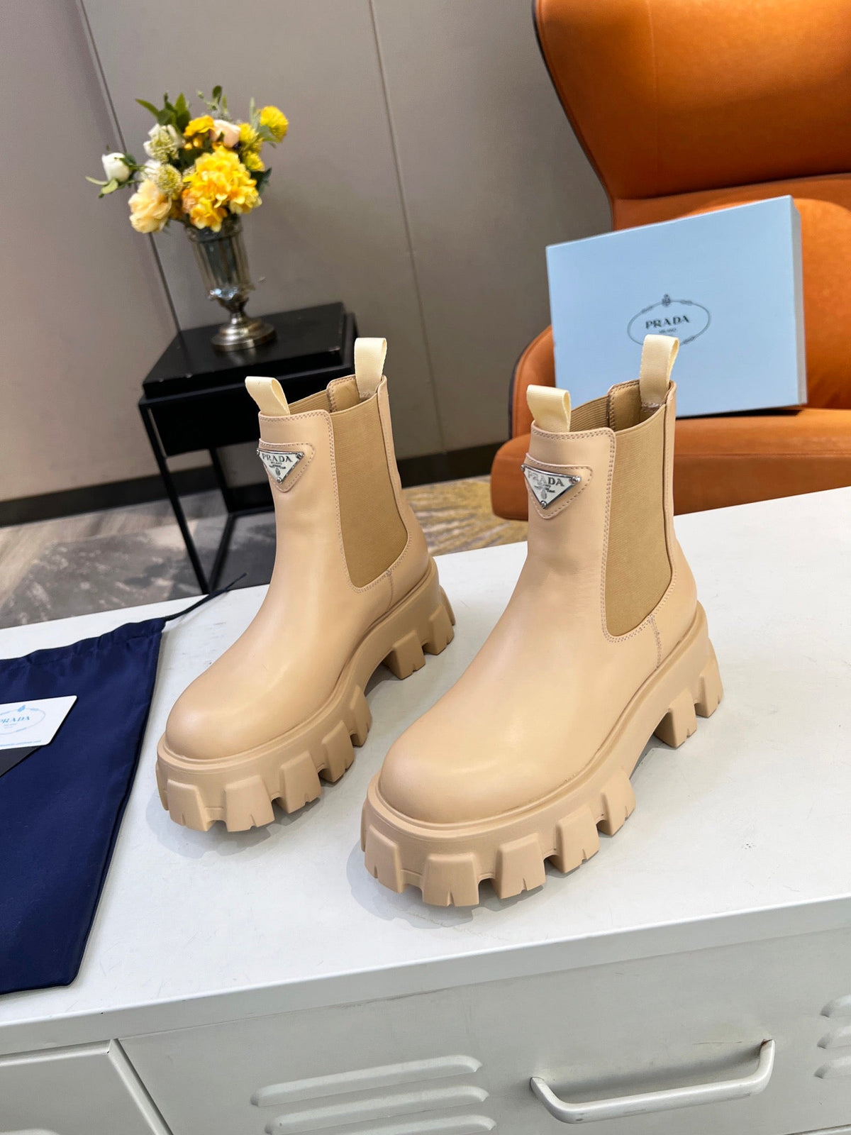 PRADA MONOLITH BRUSHED BOOTIES 55 TUSCAN CALFSKIN