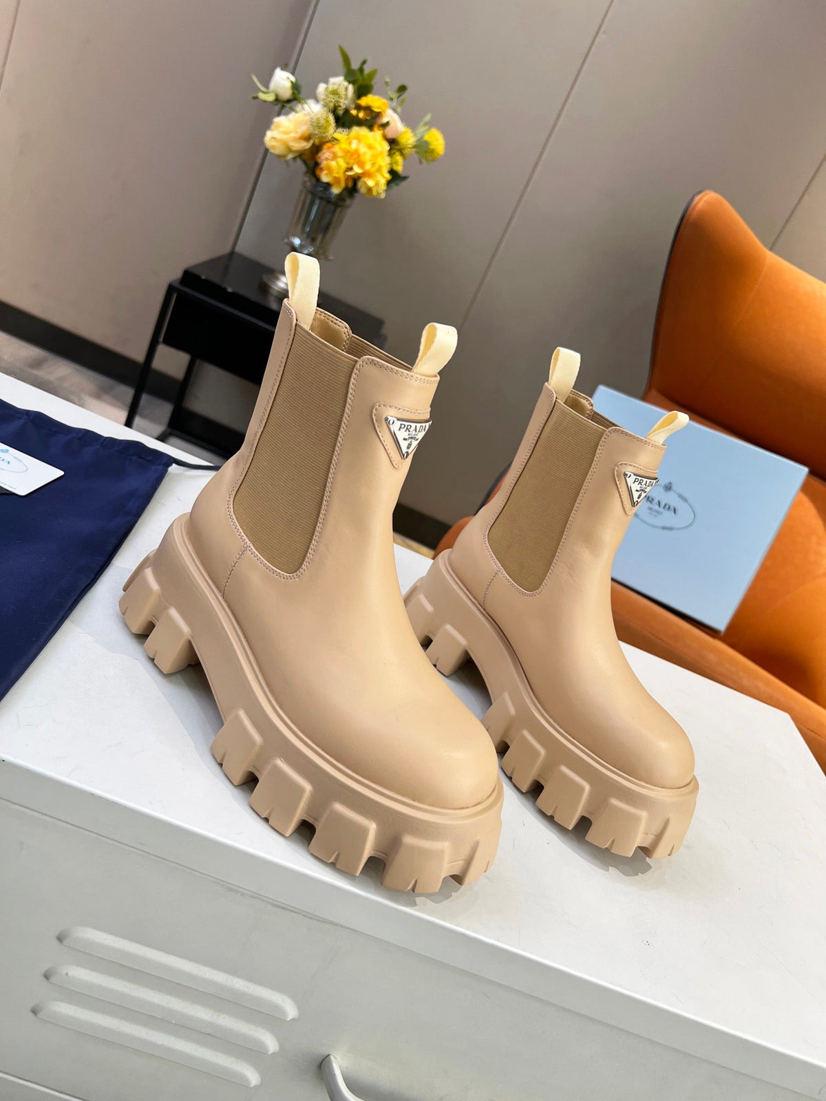 PRADA MONOLITH BRUSHED BOOTIES 55 TUSCAN CALFSKIN