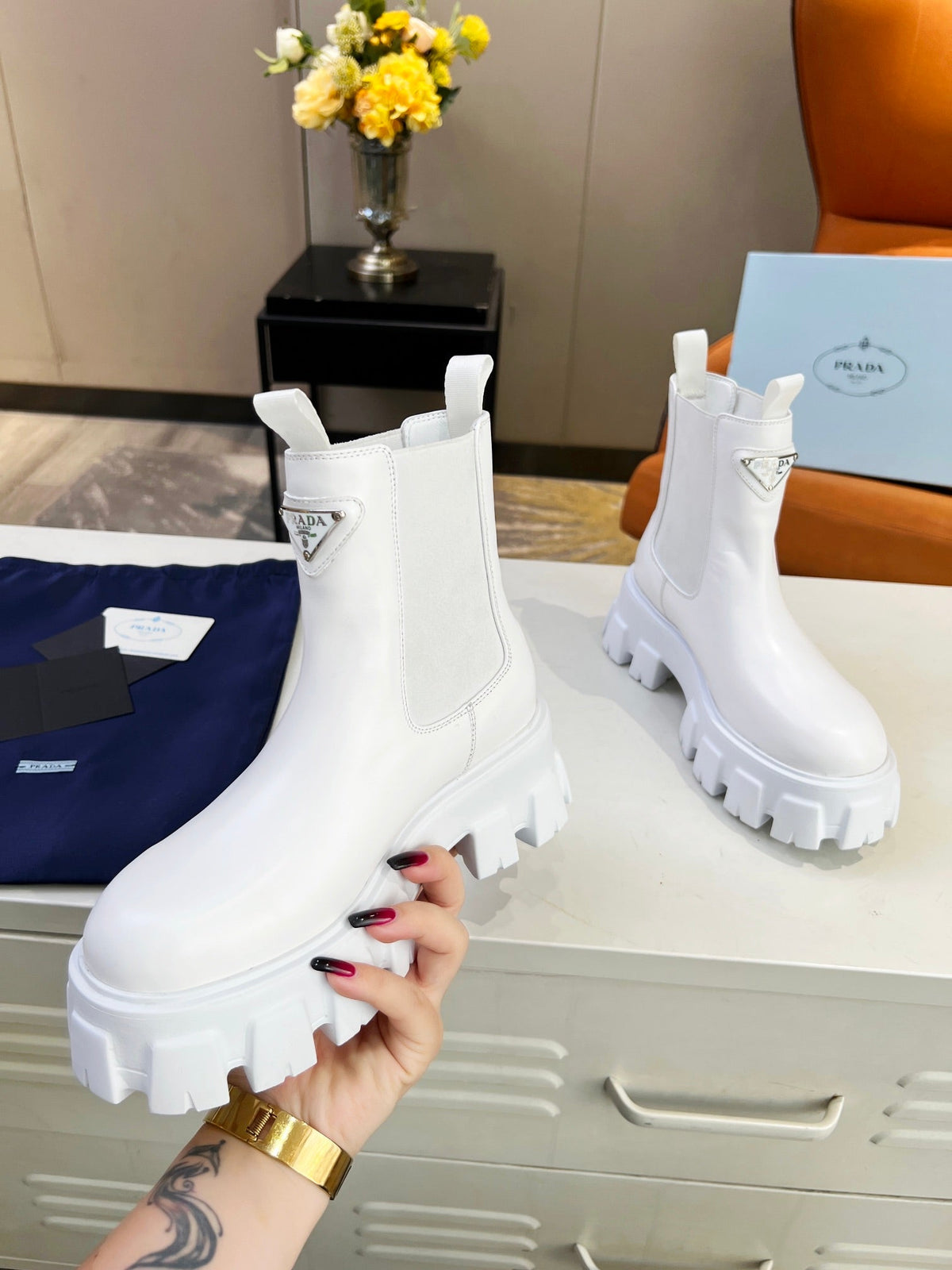 PRADA MONOLITH BRUSHED BOOTIES 55 WHITE CALFSKIN