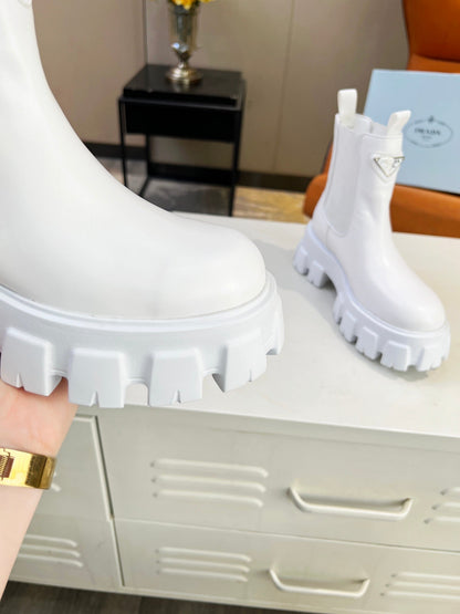 PRADA MONOLITH BRUSHED BOOTIES 55 WHITE CALFSKIN