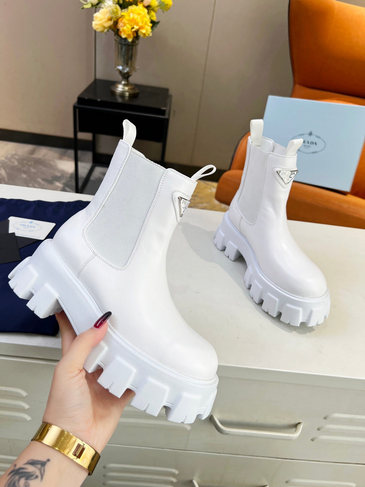 PRADA MONOLITH BRUSHED BOOTIES 55 WHITE CALFSKIN