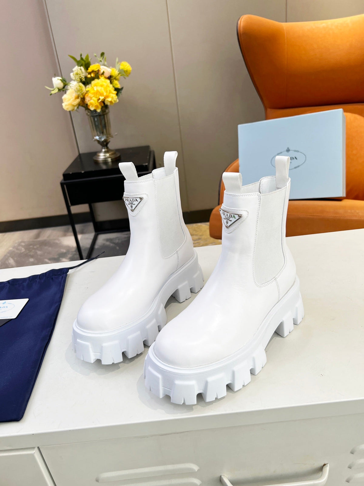 PRADA MONOLITH BRUSHED BOOTIES 55 WHITE CALFSKIN