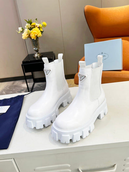 PRADA MONOLITH BRUSHED BOOTIES 55 WHITE CALFSKIN