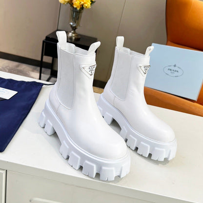 PRADA MONOLITH BRUSHED BOOTIES 55 WHITE CALFSKIN