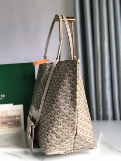GOYARD SAINT LOUIS PM 40 IN GREY MIX GREEN GOYARDINE CANVAS AND CALFSKIN