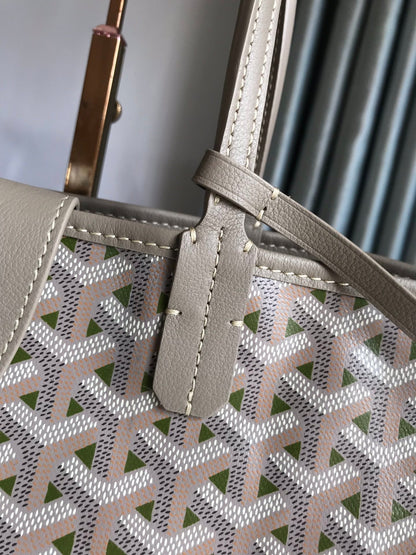 GOYARD SAINT LOUIS PM 34 IN GREY MIX GREEN GOYARDINE CANVAS AND CALFSKIN