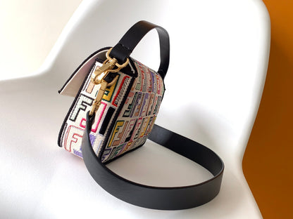 FENDI Fend Baguette Black and Multicolour Canvas Bag 27 with FF Embroidery Ghw