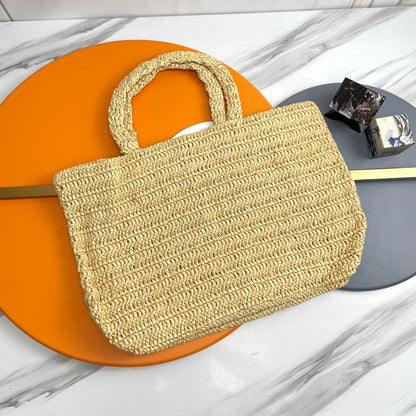SAINT LAURENT RIVE GAUCHE TOTE BAG 38 IN LIGHT YELLOW RAFFIA