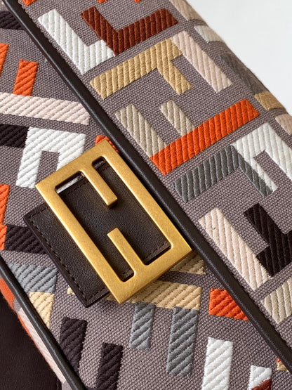 FENDI Fend Baguette Brown and Multicolour Canvas Bag 27 with FF Embroidery Ghw