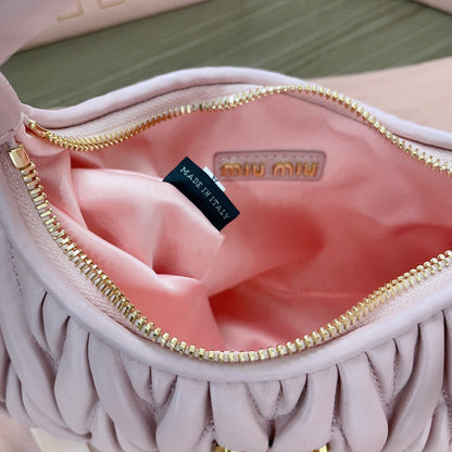 MIU MIU WANDER MATELASSÉ NAPPA HOBO BAG 23 IN PASTEL PINK LAMBSKIN