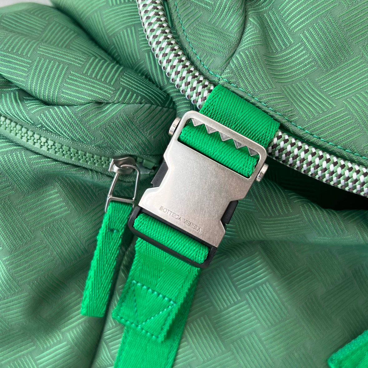 BOTTEGA VENETA ALTO 42 BACKPACK IN COOL GREEN JACQUARD FABRIC