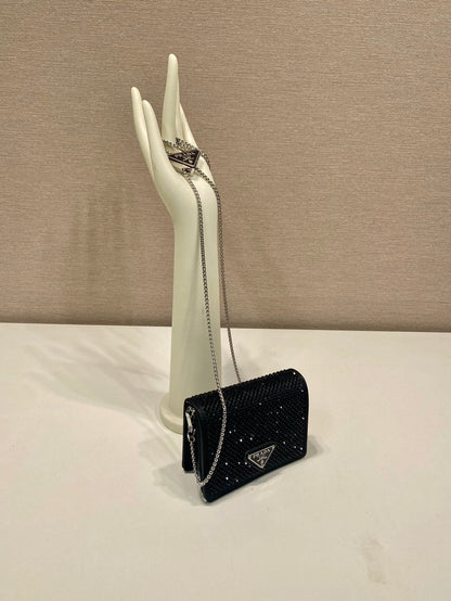 PRADA MINI FLAP BAG 11 IN BLACK DUCHESSE FABRIC ATTACHED FULL CRYSTALS SILVER CHAIN