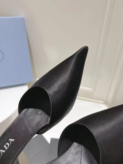 PRADA POINTED-TOE MULES BLACK SATIN