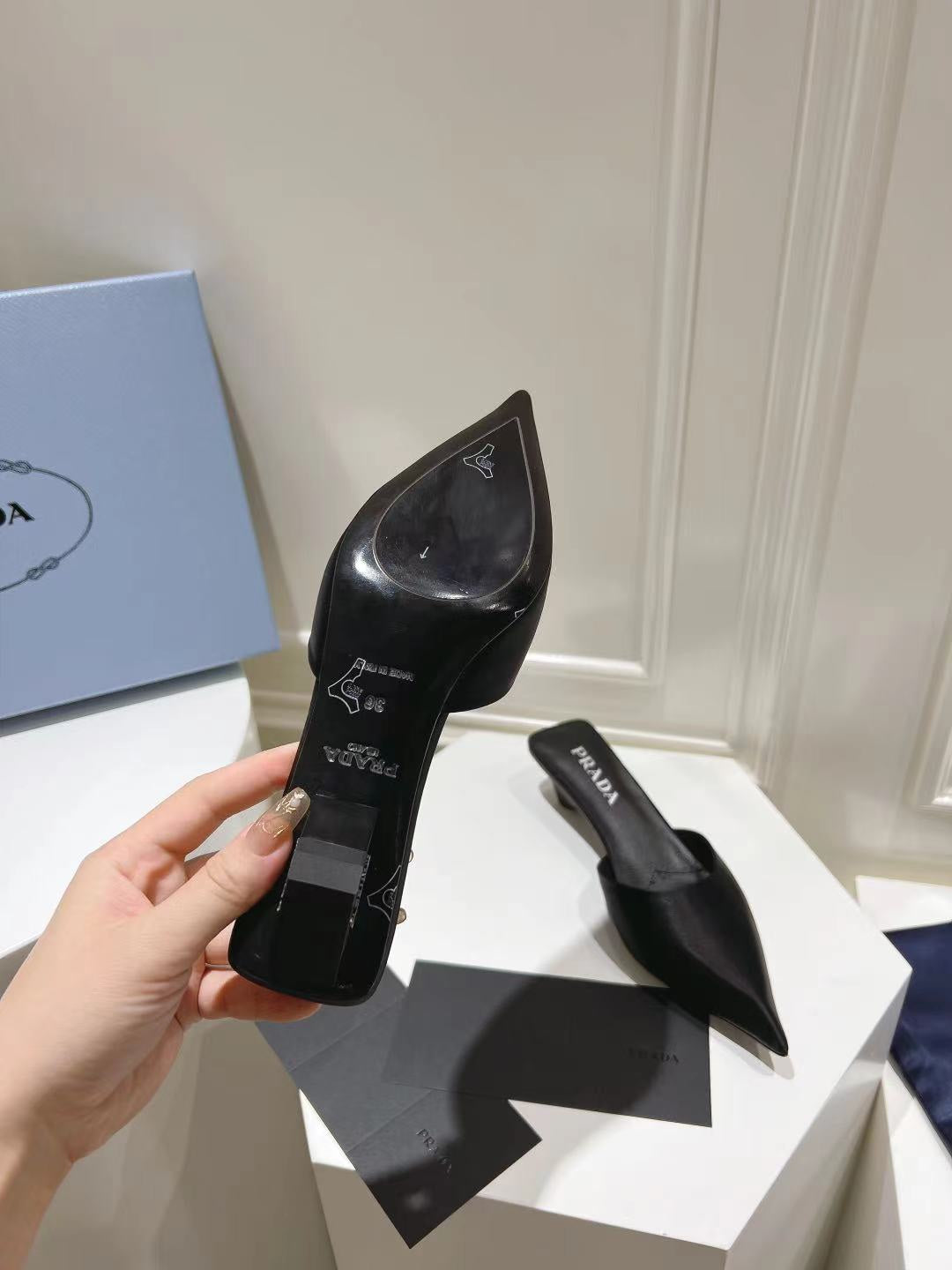 PRADA POINTED-TOE MULES BLACK SATIN