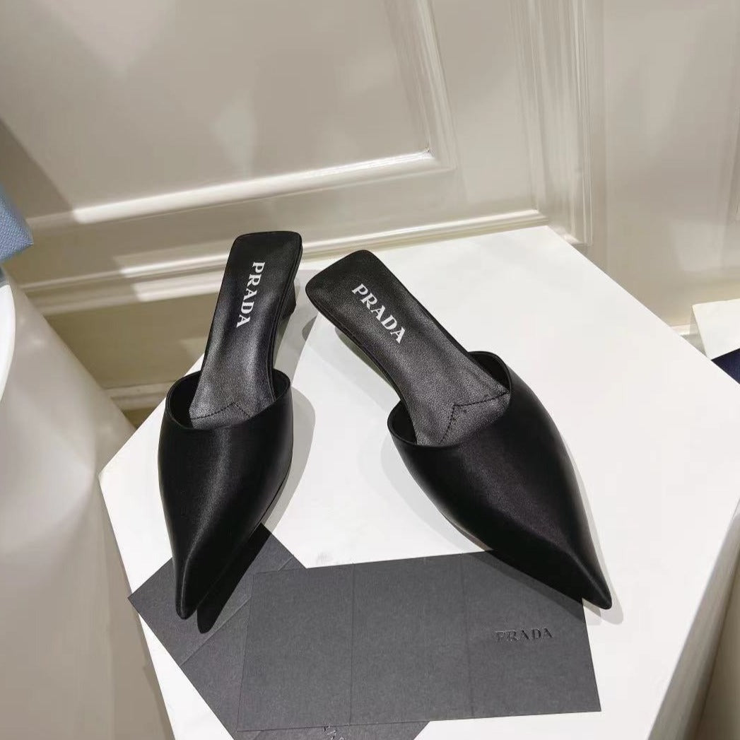 PRADA POINTED-TOE MULES BLACK SATIN