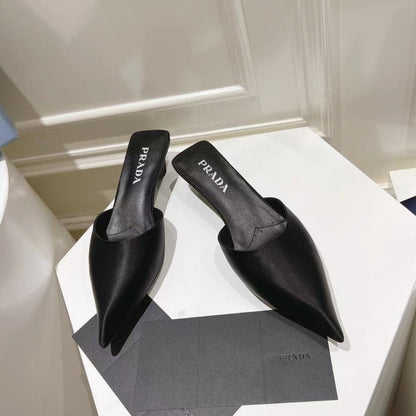 PRADA POINTED-TOE MULES BLACK SATIN