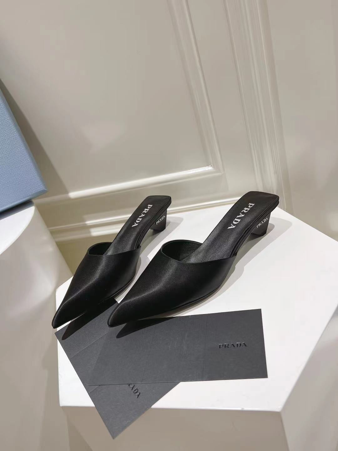 PRADA POINTED-TOE MULES BLACK SATIN