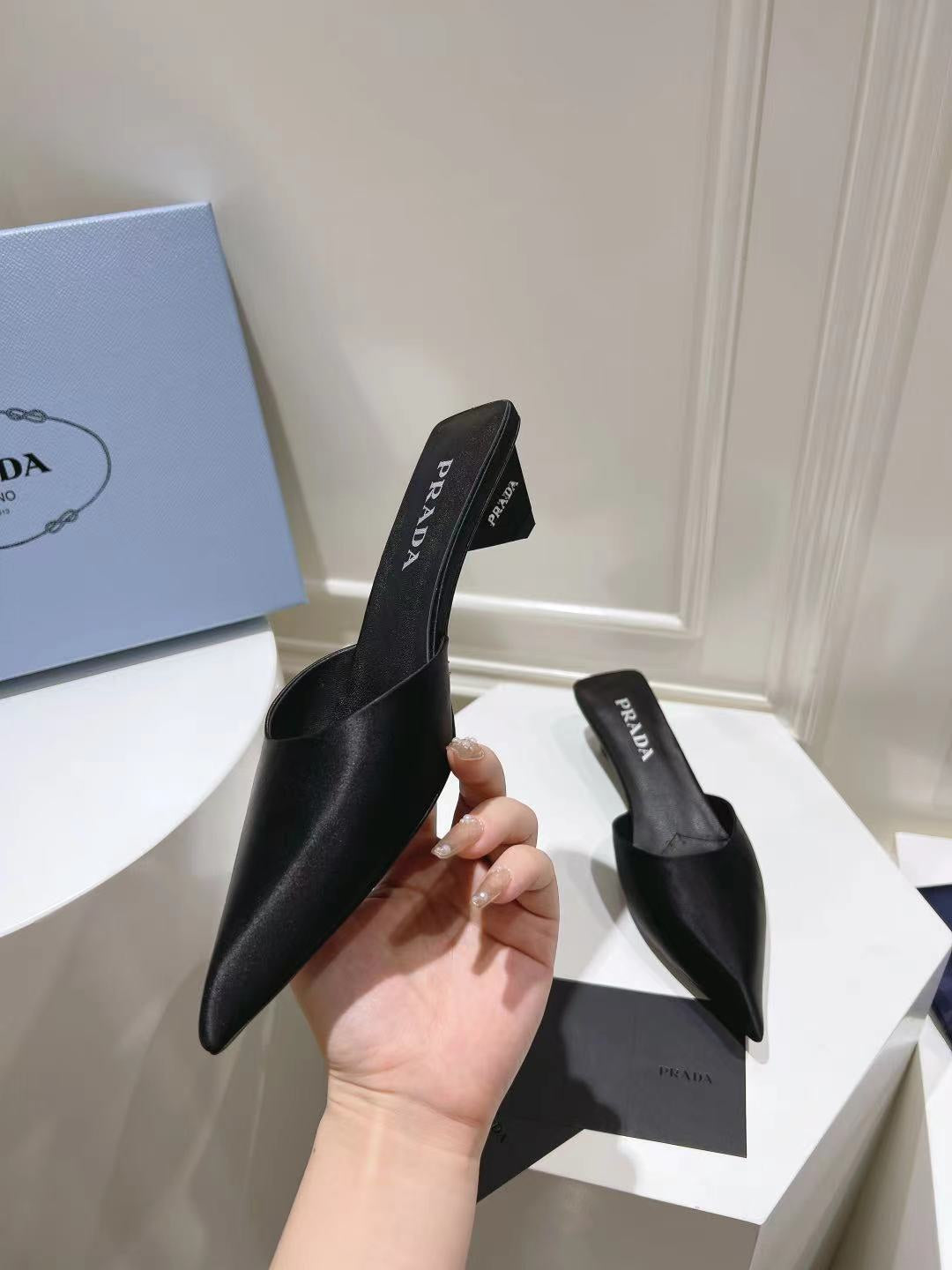 PRADA POINTED-TOE MULES BLACK SATIN