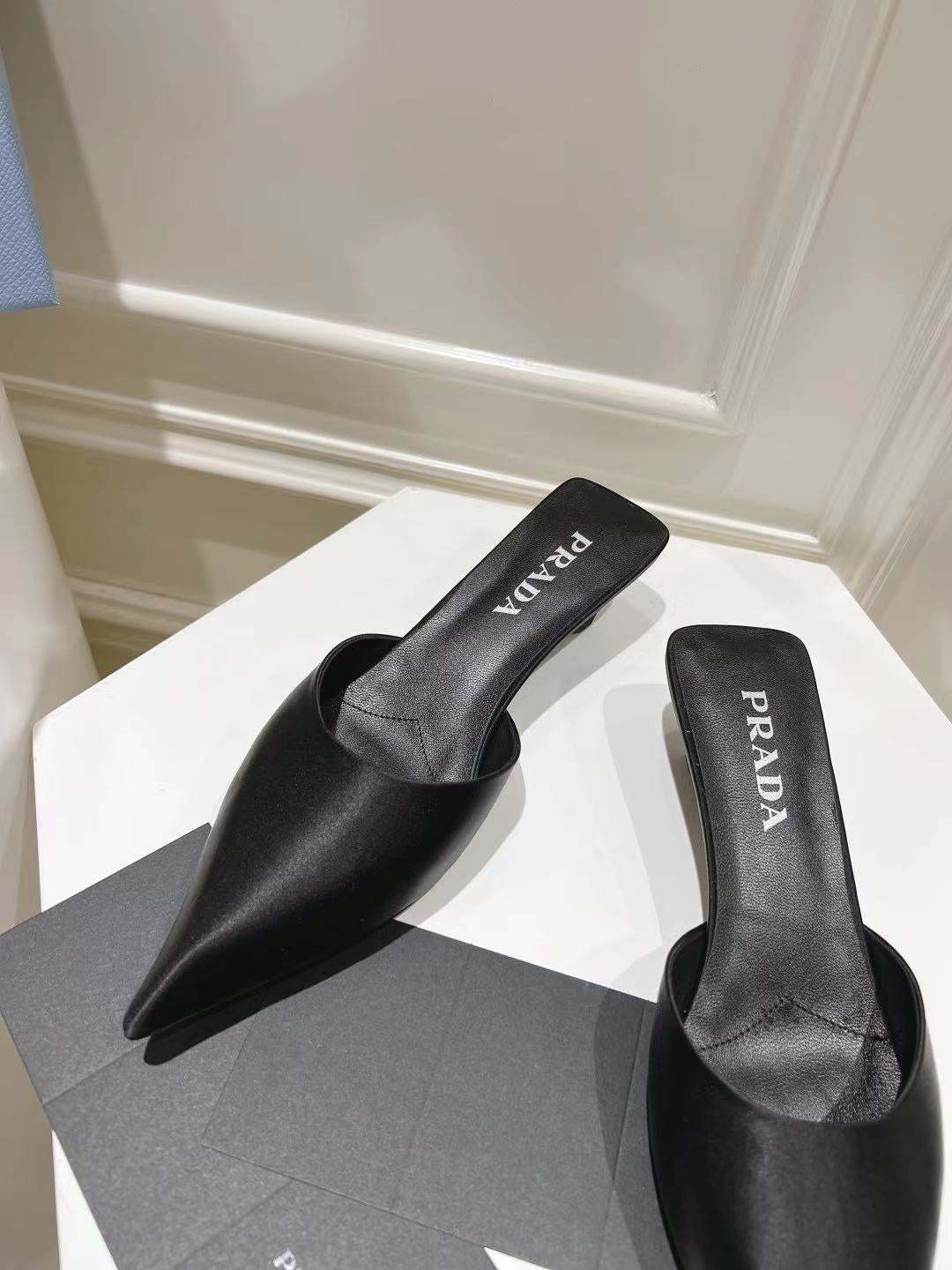PRADA POINTED-TOE MULES BLACK SATIN