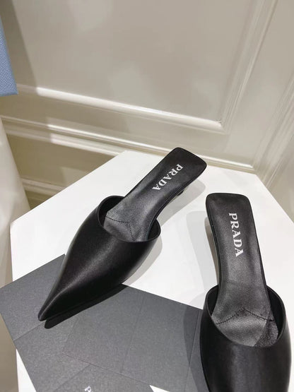 PRADA POINTED-TOE MULES BLACK SATIN