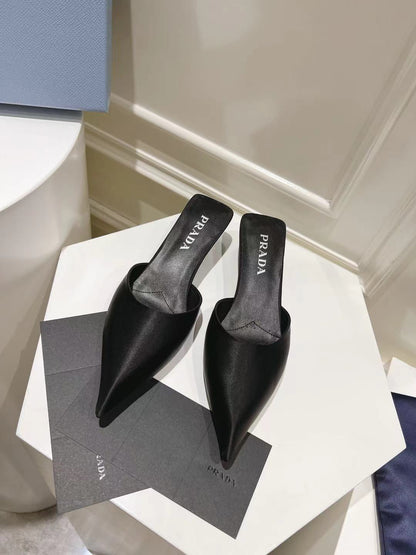 PRADA POINTED-TOE MULES BLACK SATIN