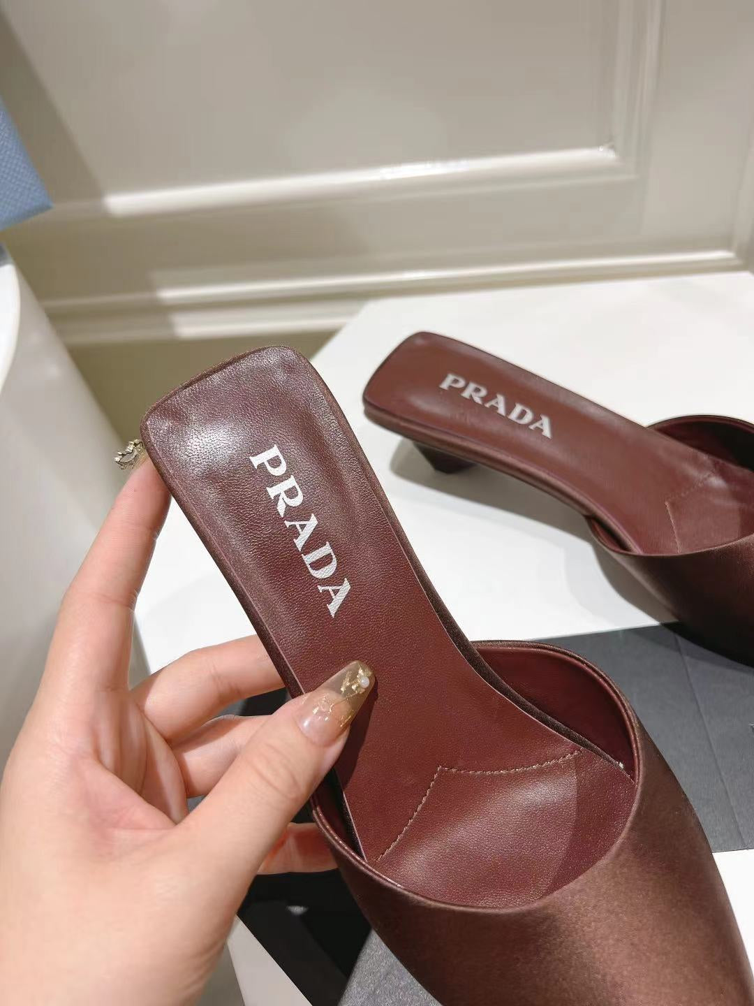 PRADA POINTED-TOE MULES CHOCOLATE SATIN