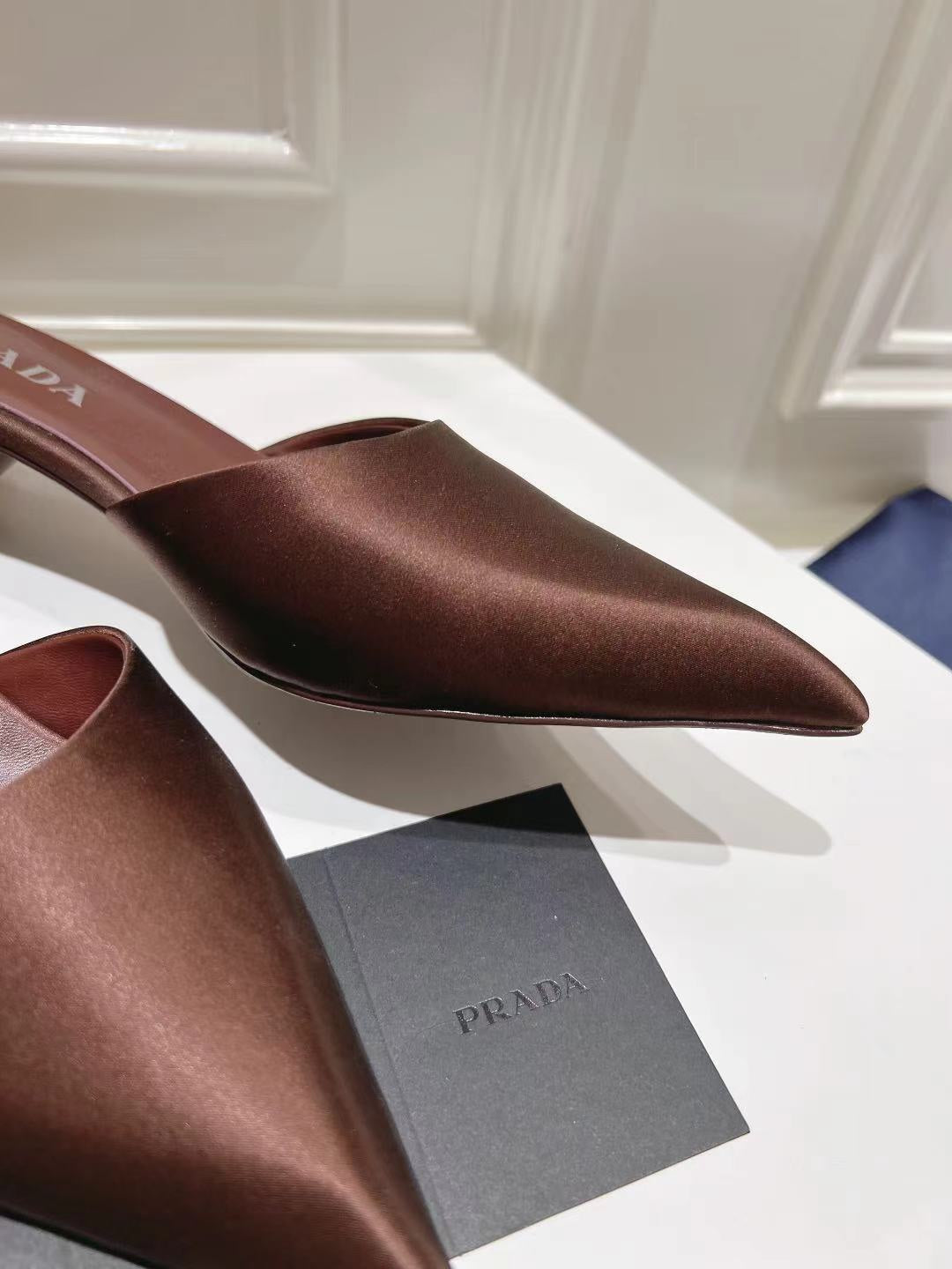 PRADA POINTED-TOE MULES CHOCOLATE SATIN