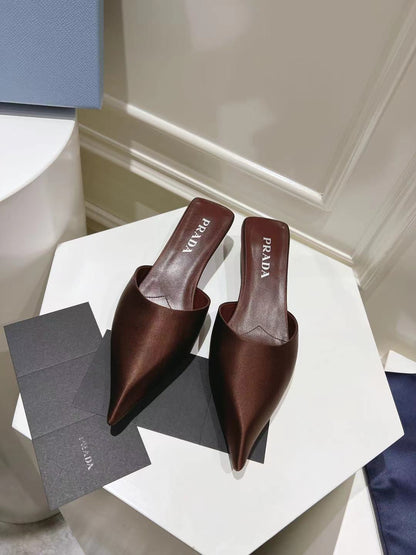 PRADA POINTED-TOE MULES CHOCOLATE SATIN