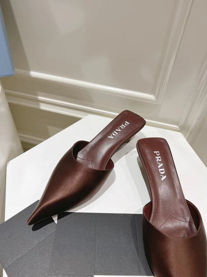 PRADA POINTED-TOE MULES CHOCOLATE SATIN