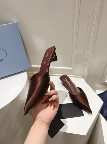 PRADA POINTED-TOE MULES CHOCOLATE SATIN