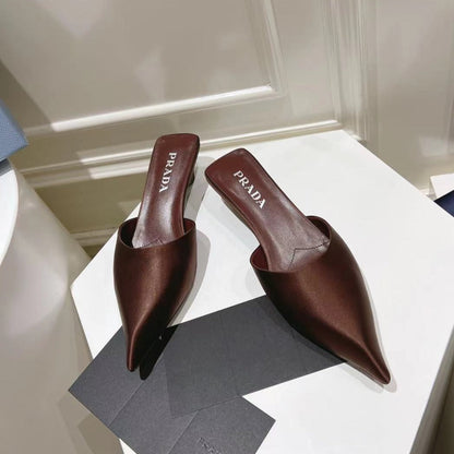 PRADA POINTED-TOE MULES CHOCOLATE SATIN