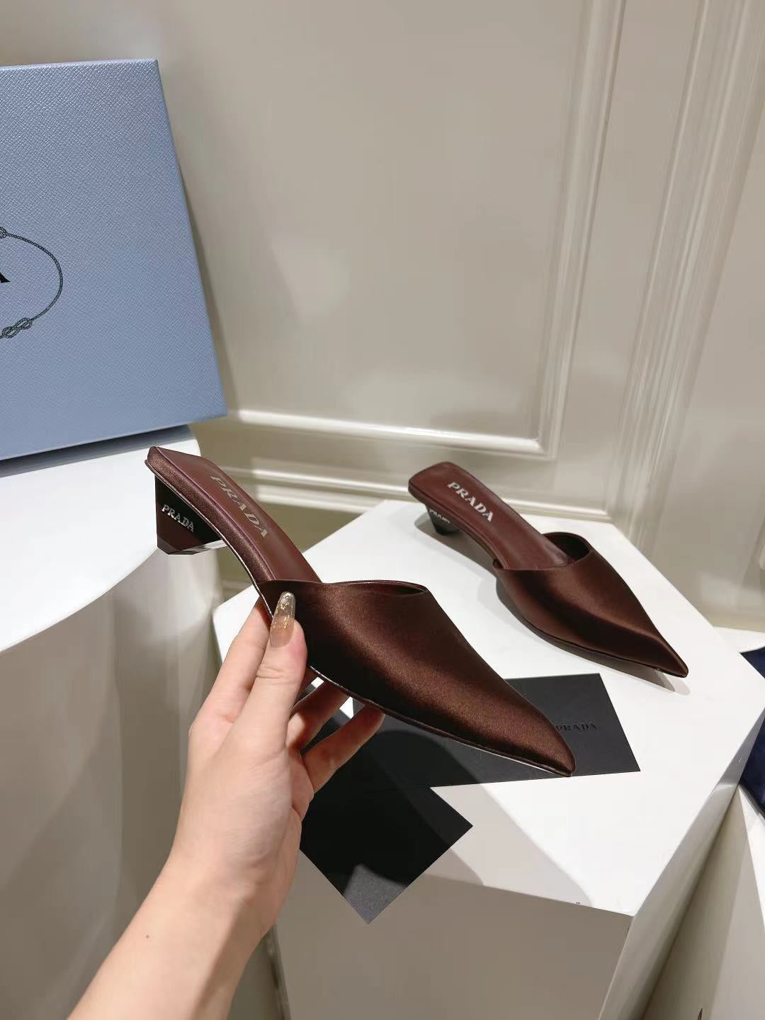 PRADA POINTED-TOE MULES CHOCOLATE SATIN