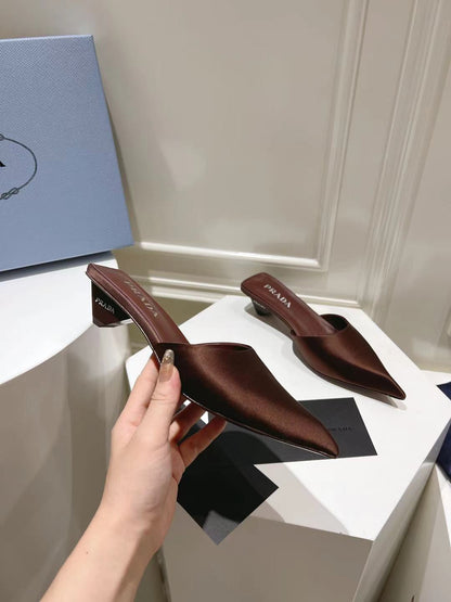 PRADA POINTED-TOE MULES CHOCOLATE SATIN