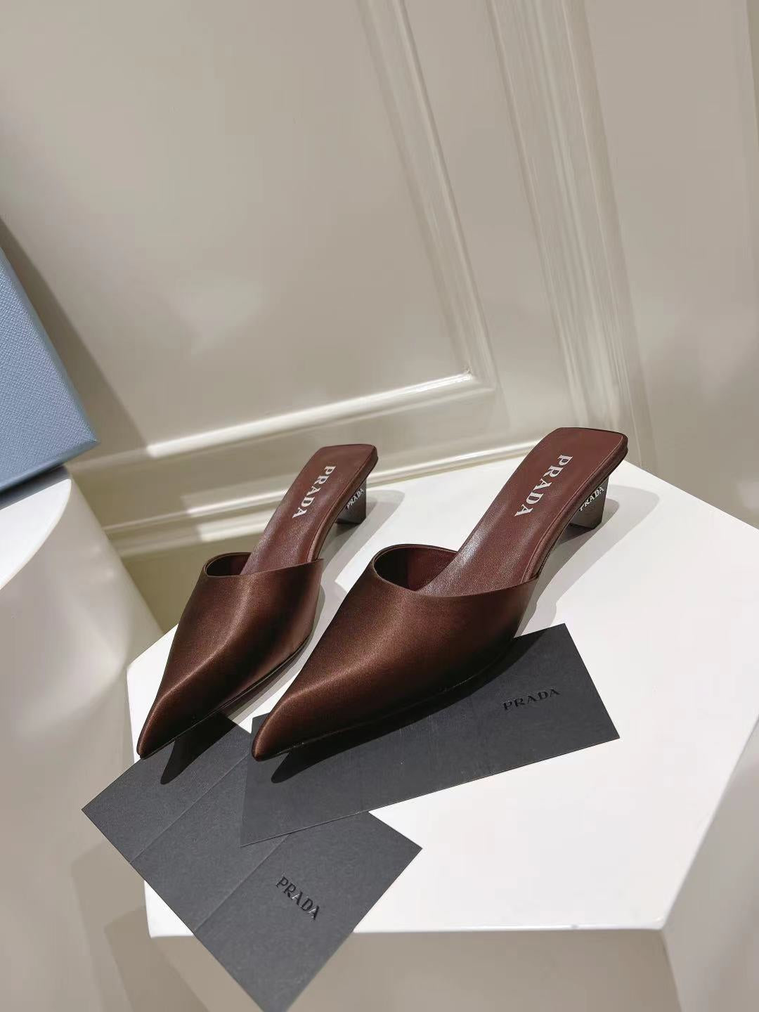 PRADA POINTED-TOE MULES CHOCOLATE SATIN