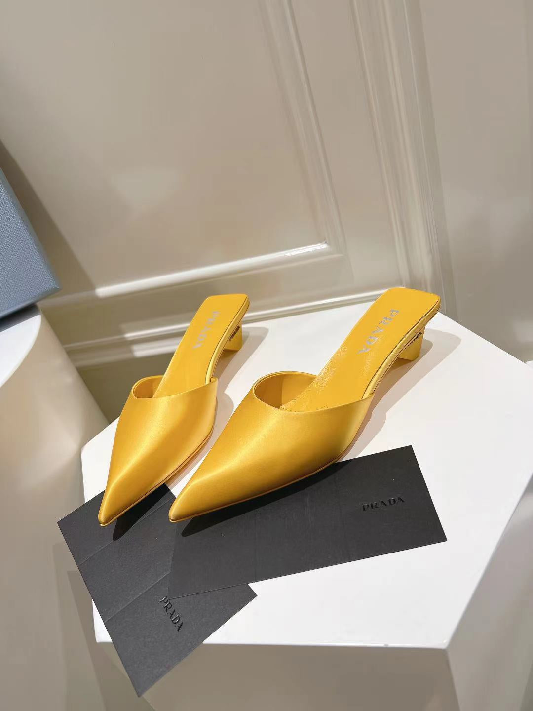 PRADA POINTED-TOE MULES YELLOW SATIN