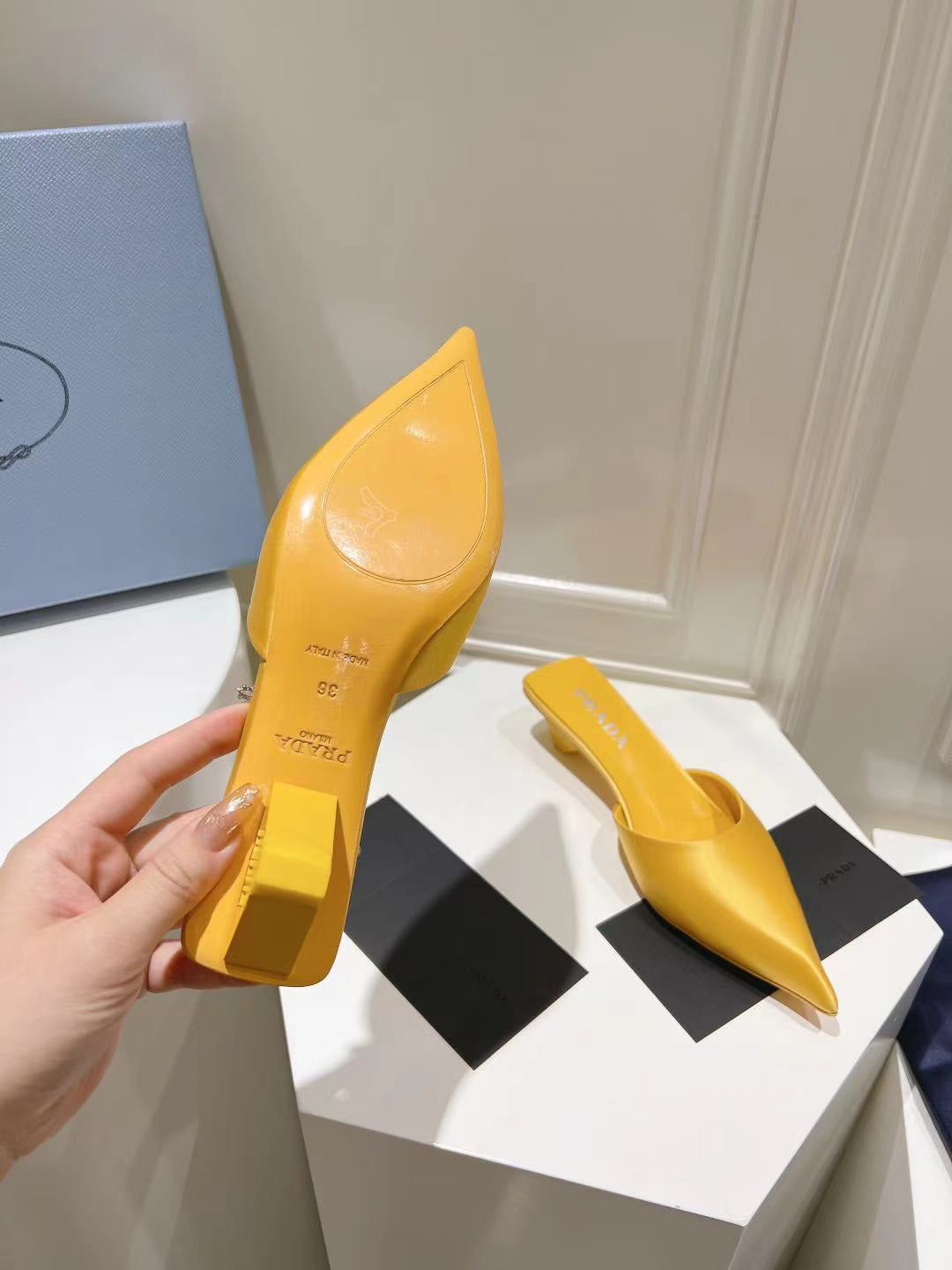 PRADA POINTED-TOE MULES YELLOW SATIN