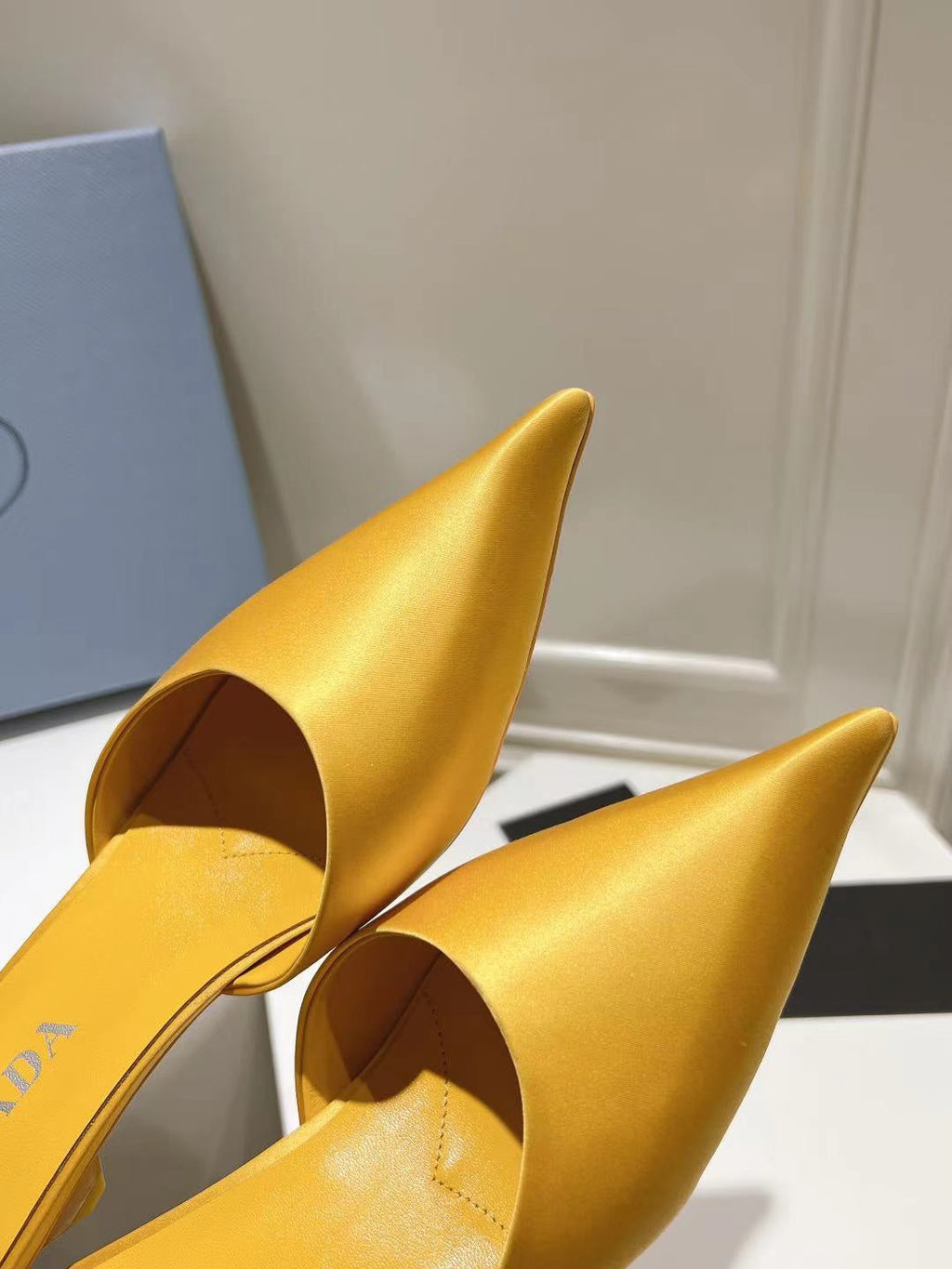 PRADA POINTED-TOE MULES YELLOW SATIN