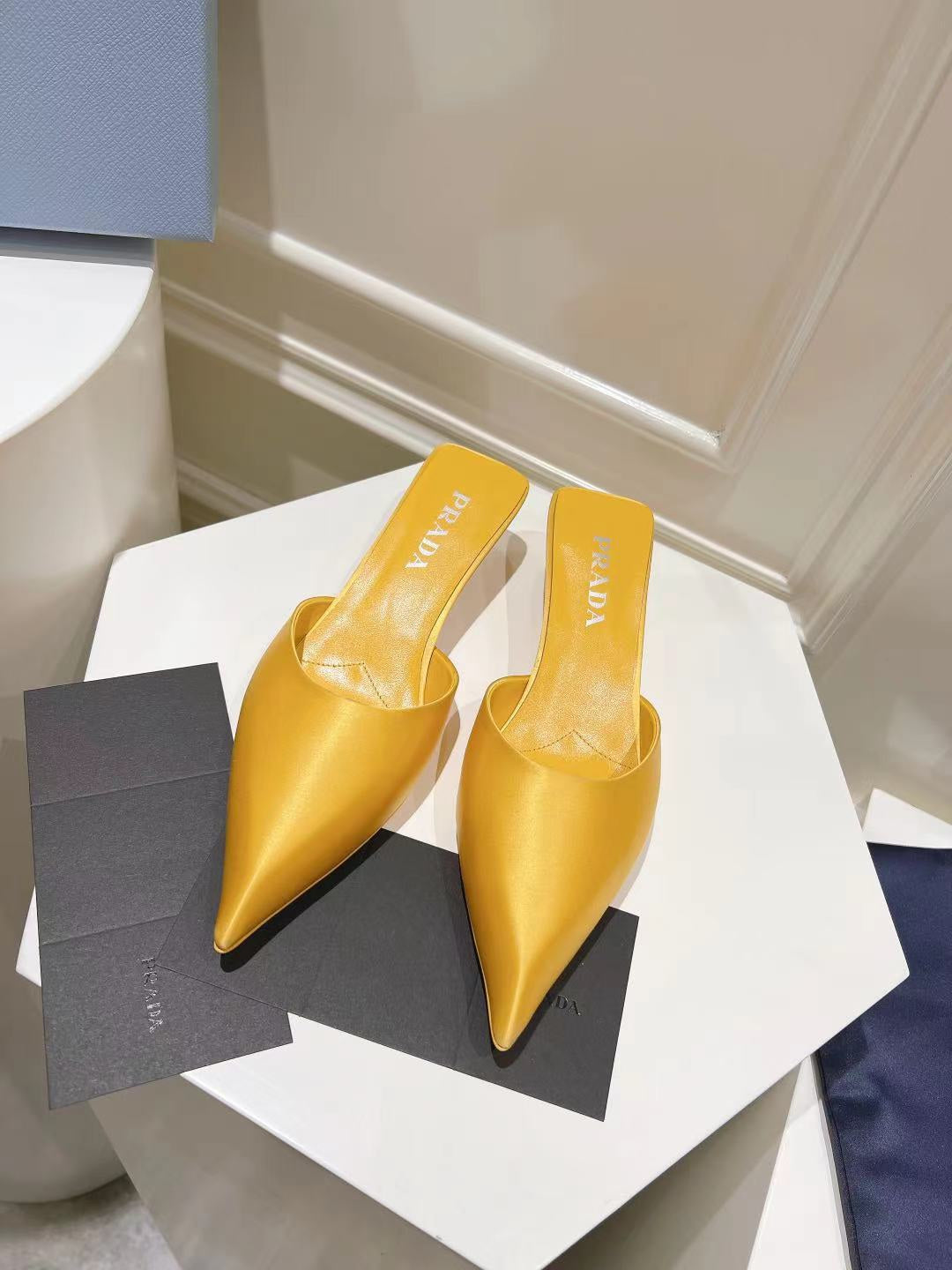 PRADA POINTED-TOE MULES YELLOW SATIN