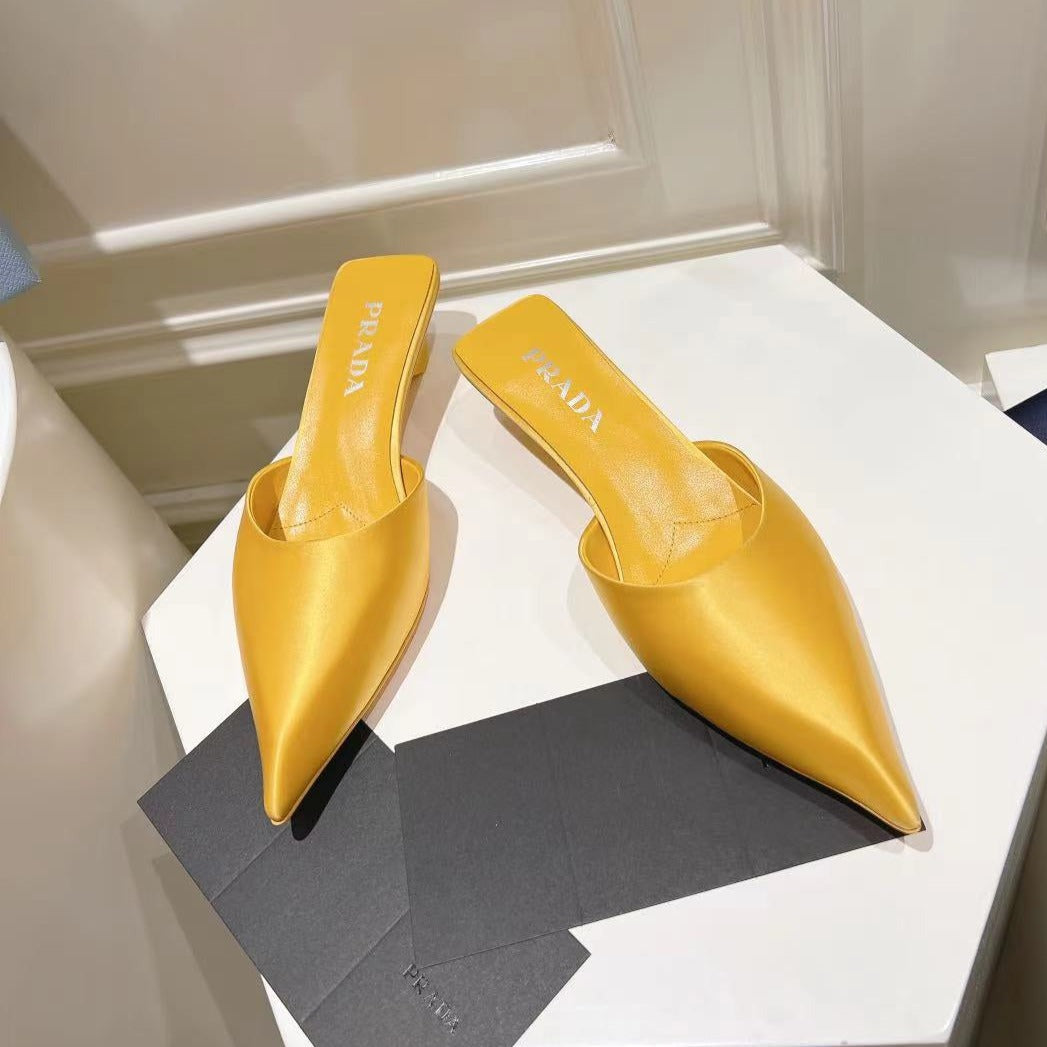 PRADA POINTED-TOE MULES YELLOW SATIN