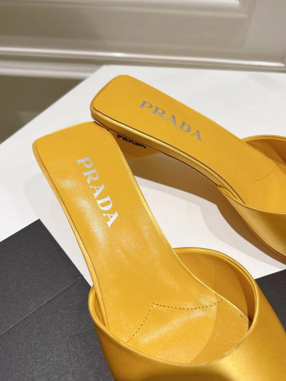 PRADA POINTED-TOE MULES YELLOW SATIN
