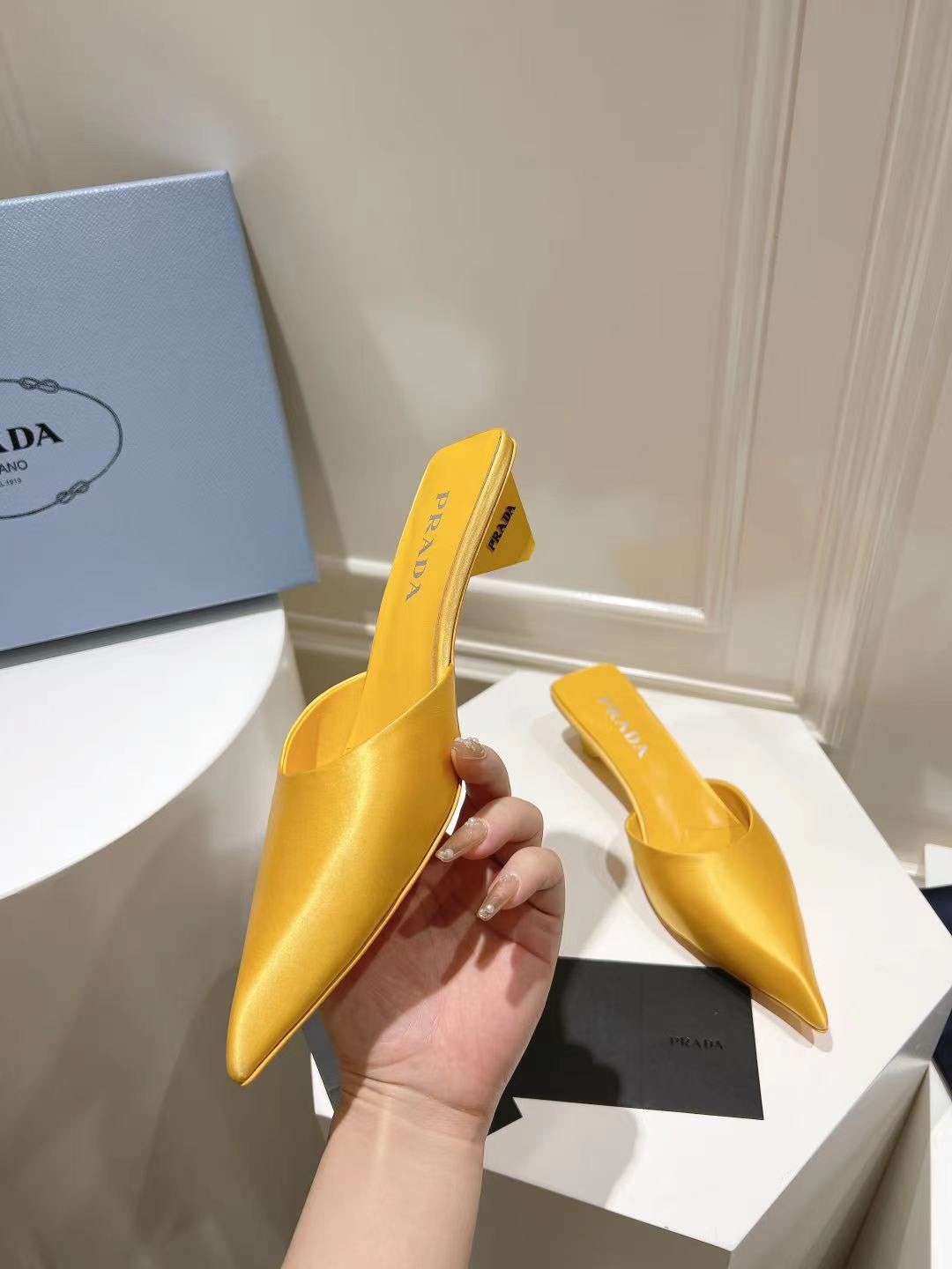PRADA POINTED-TOE MULES YELLOW SATIN