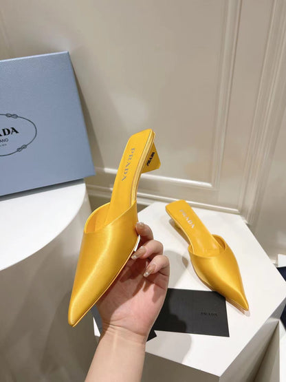 PRADA POINTED-TOE MULES YELLOW SATIN