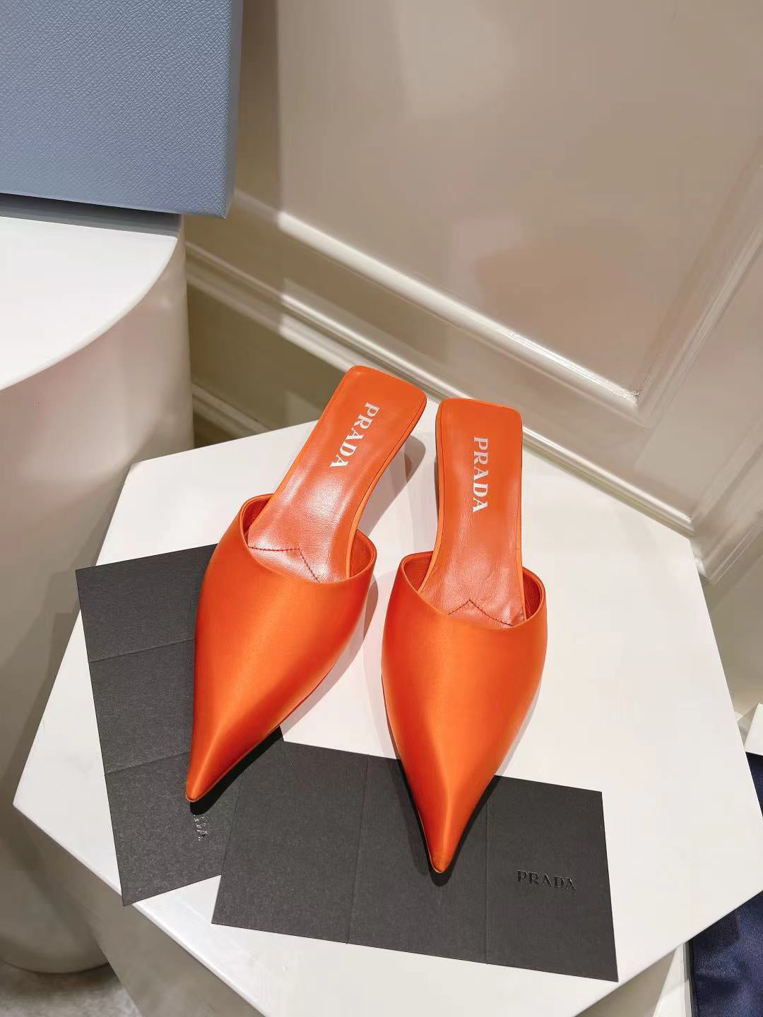 PRADA POINTED-TOE MULES BRIGHT ORANGE SATIN
